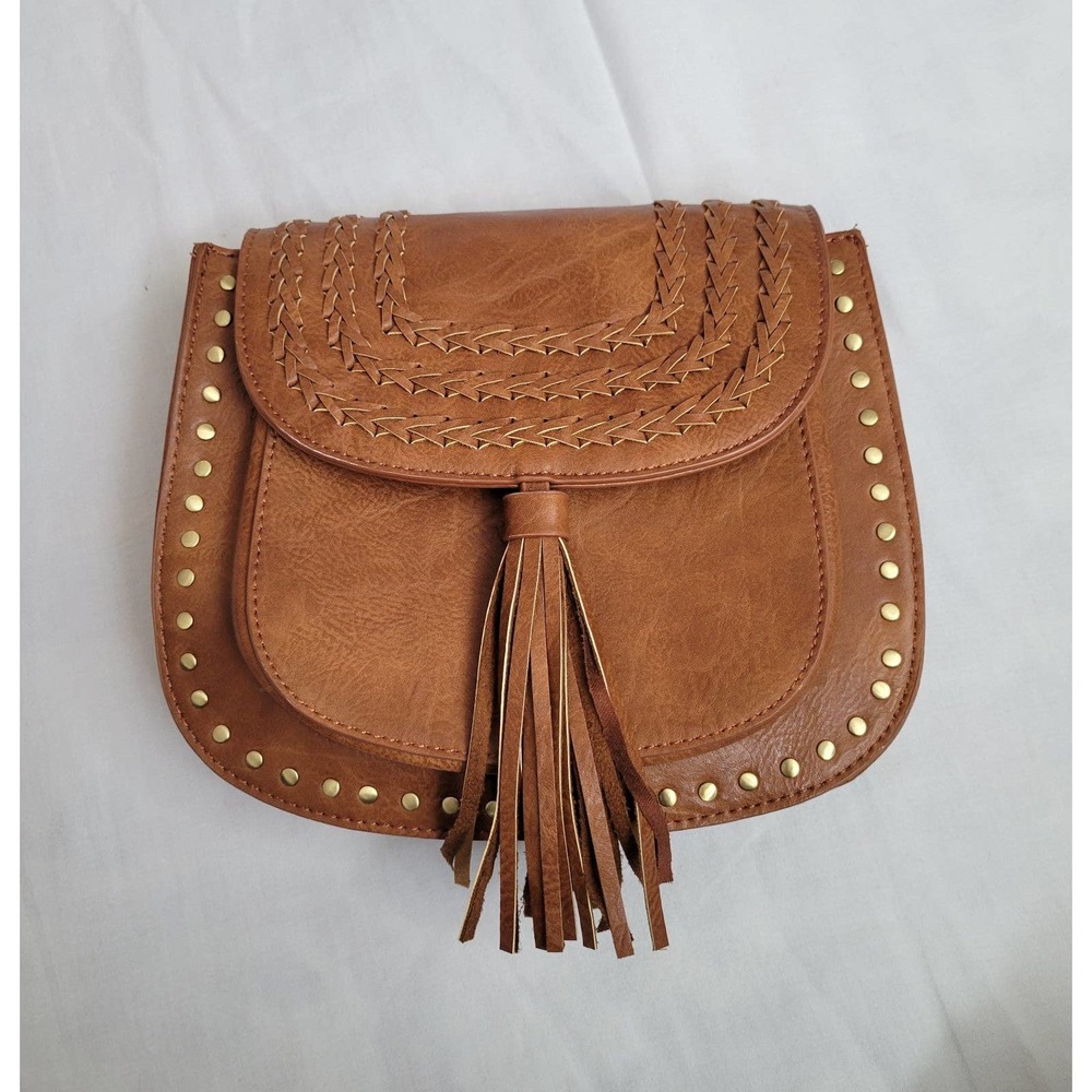 Antik Kraft Lyla Vegan Leather Studded Fringe Saddle Bag Purse